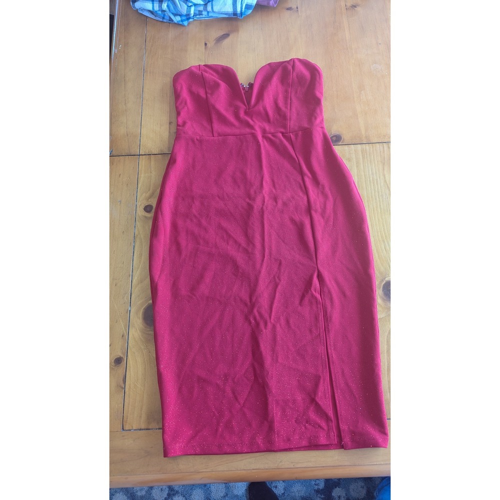 Symphony Red Sparkle Strapless Midi Dress with‎ Slit Size L
